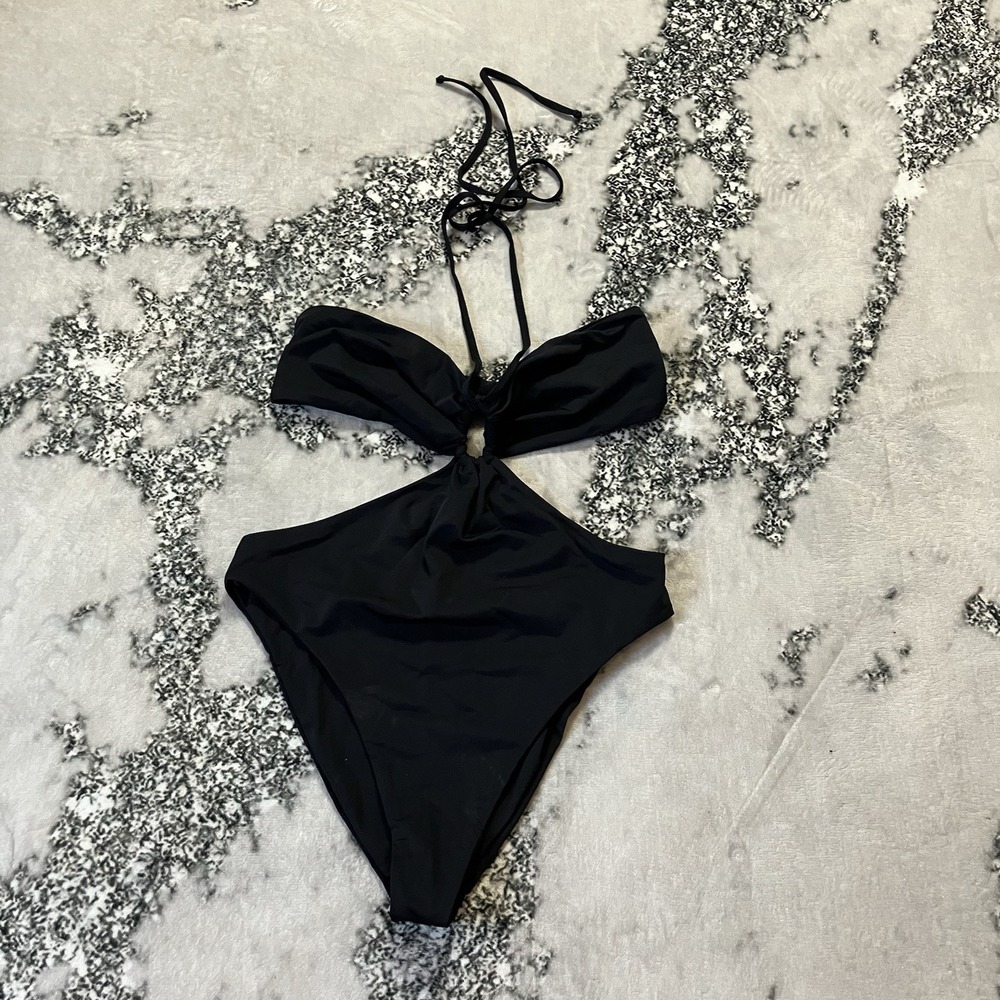 Mara Hoffman Swimsuit Sz‎ XL Black Cutout One Piece Swimsuit Black Halter Neck